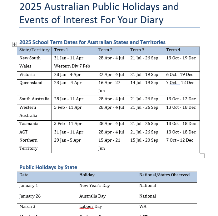 2025 Dates for Your Diary
