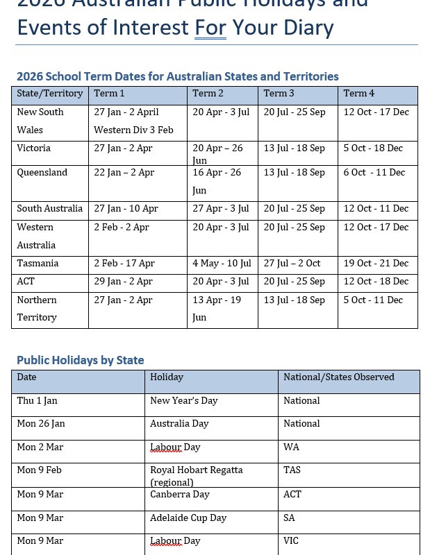 2026 Dates for Your Diary